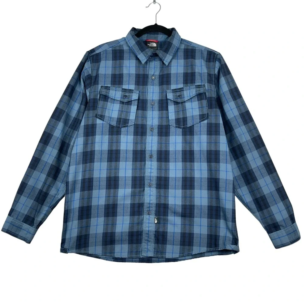 The North Face Flannel Shirt Men's Medium Blue Plaid Button Up Long Sleeves